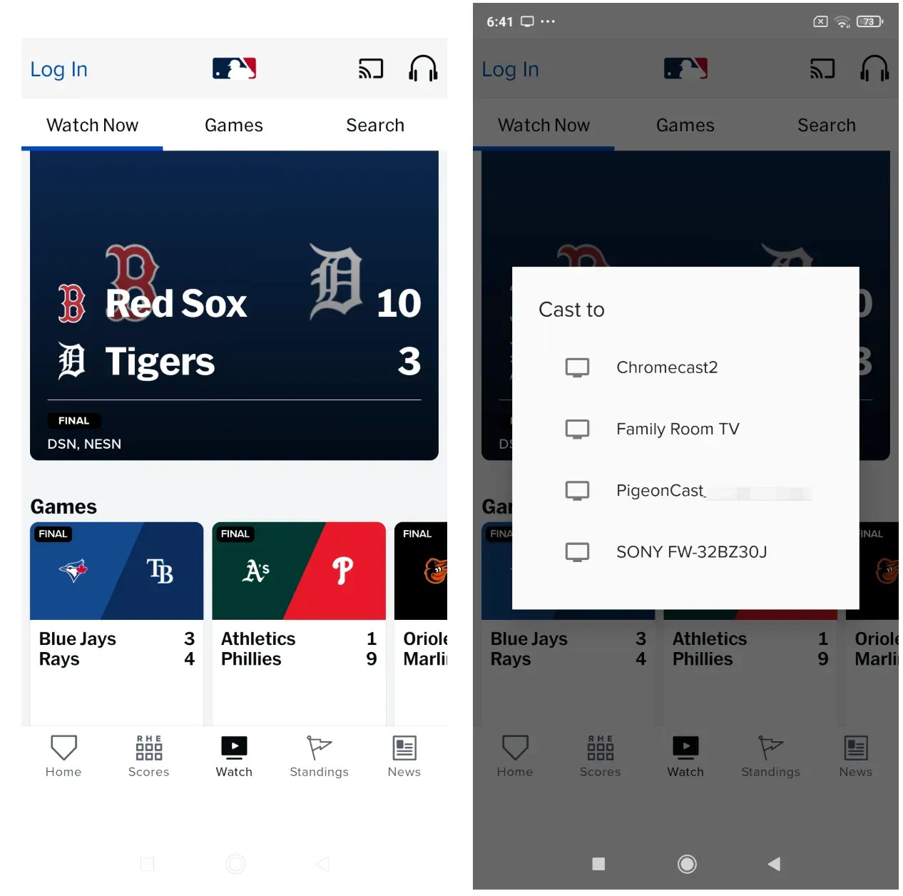 find the Cast button inside MLB app