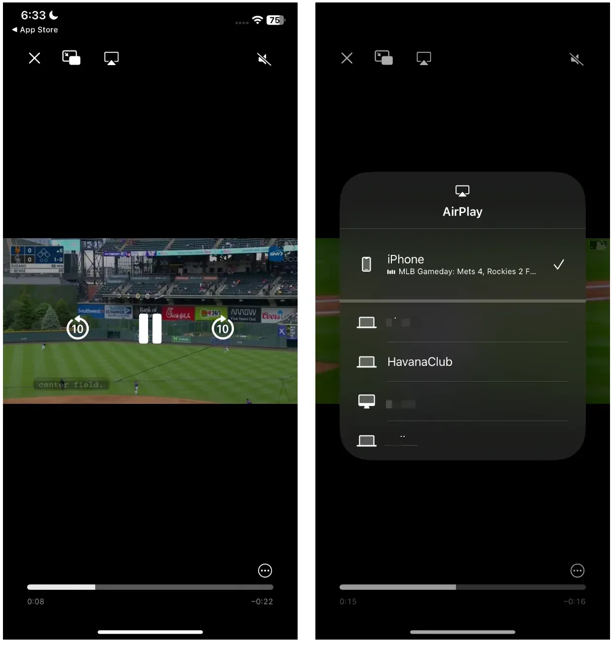 locate AirPlay feature inside MLB app
