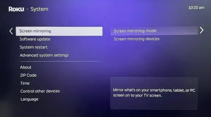 find Screen Mirroring mode on Roku TV