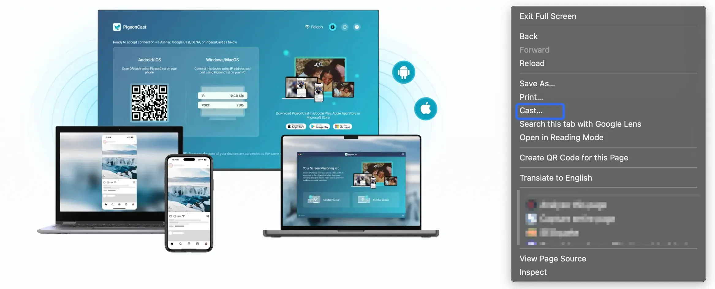Chrome Cast menu open on a computer