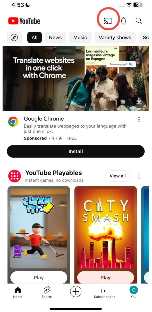 YouTube's Cast icon
