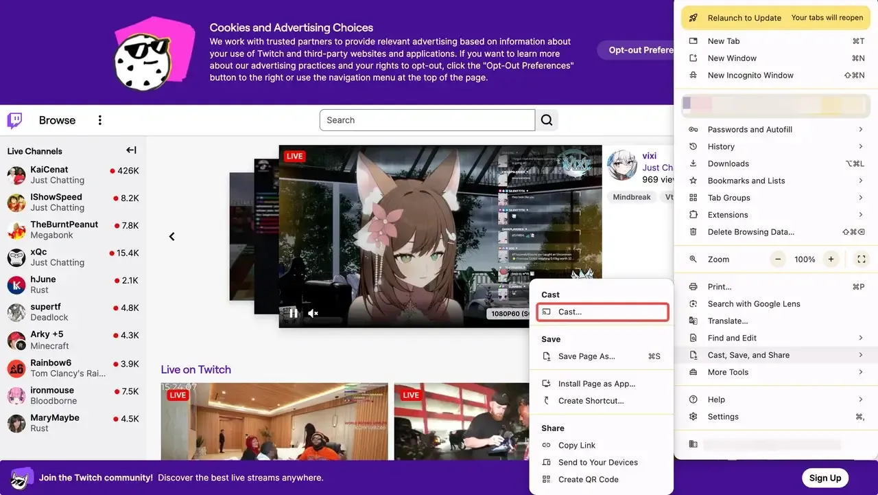 choose Cast in Chrome's menu