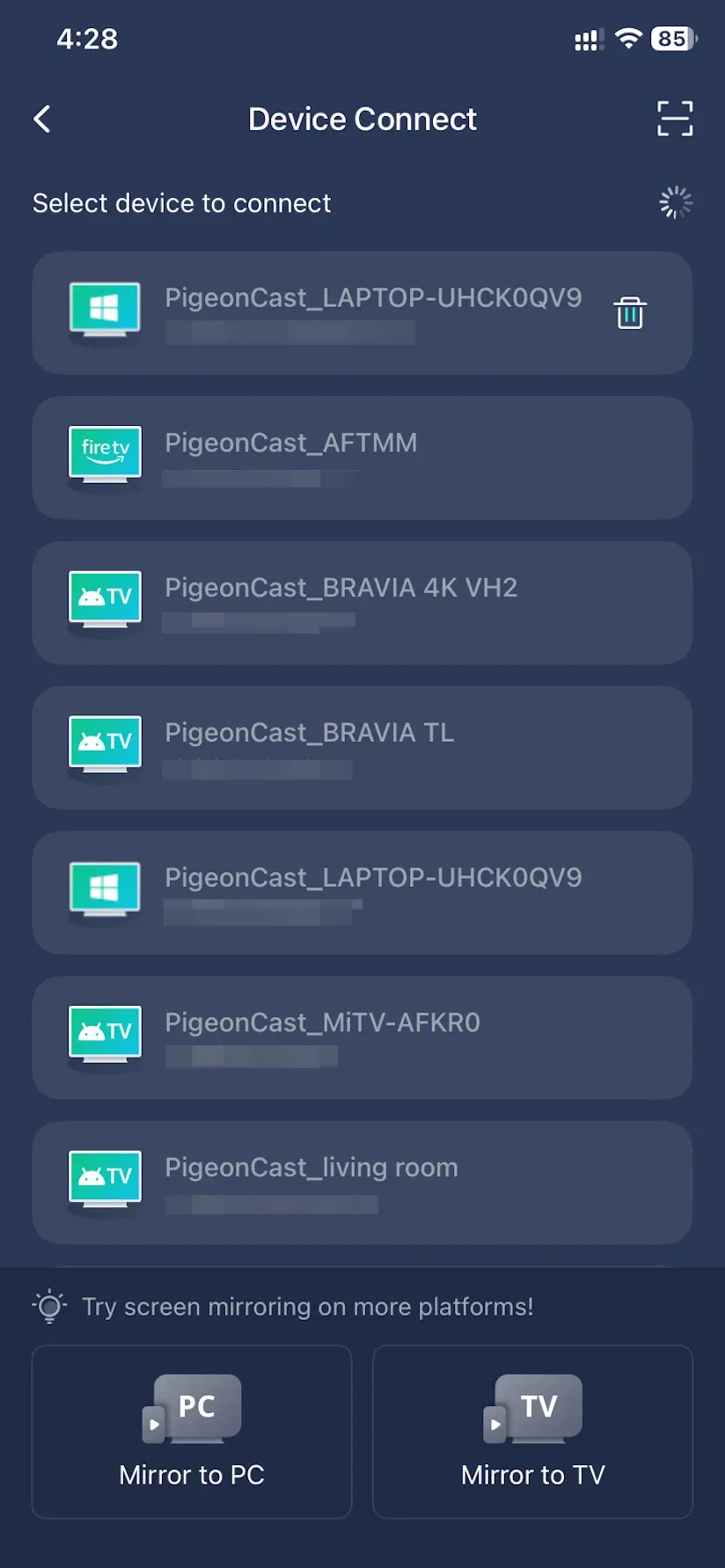 device list on PigeonCast
