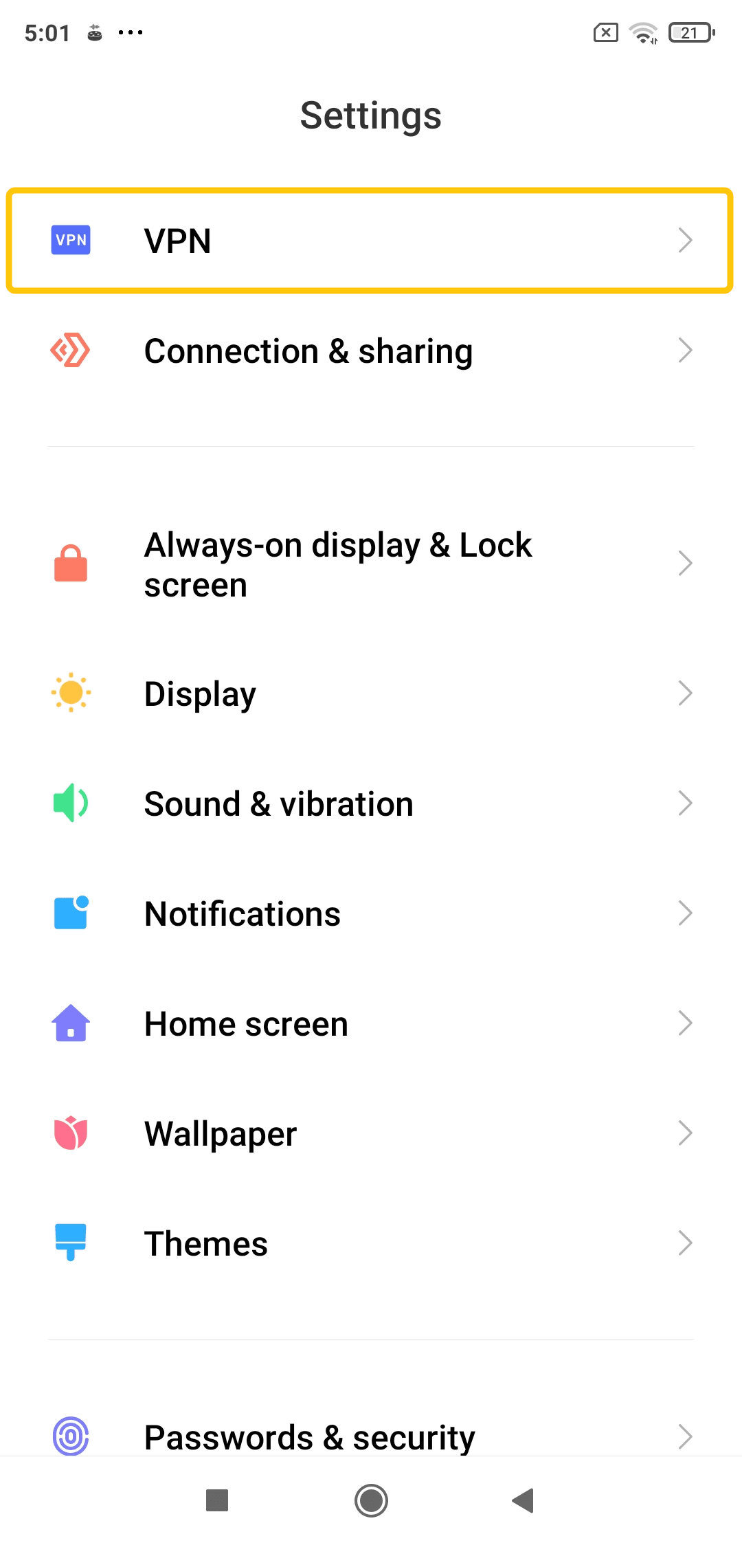 VPN settings on Android