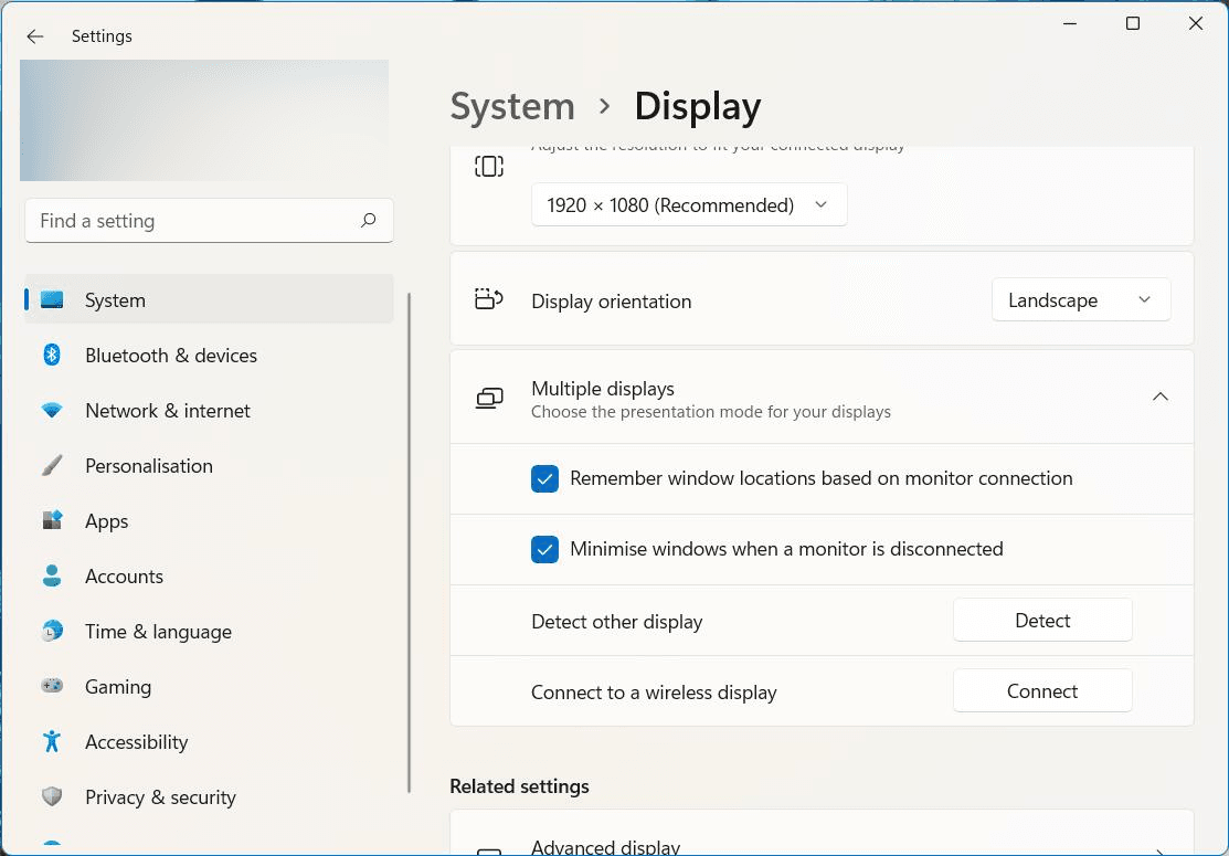 Display settings on Windows