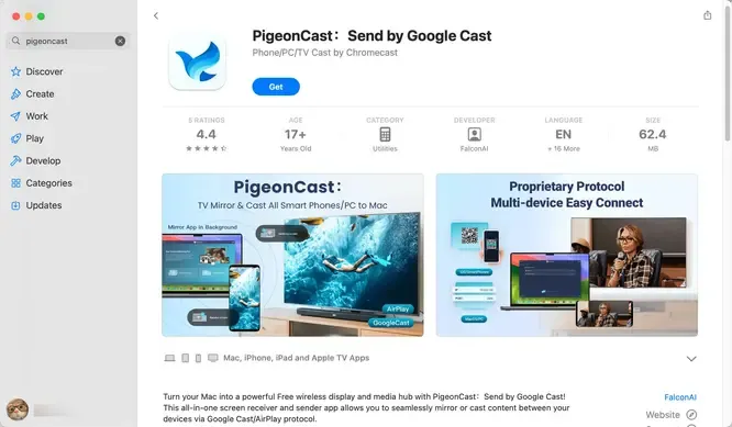 PigeonCast on MacBook's App Store