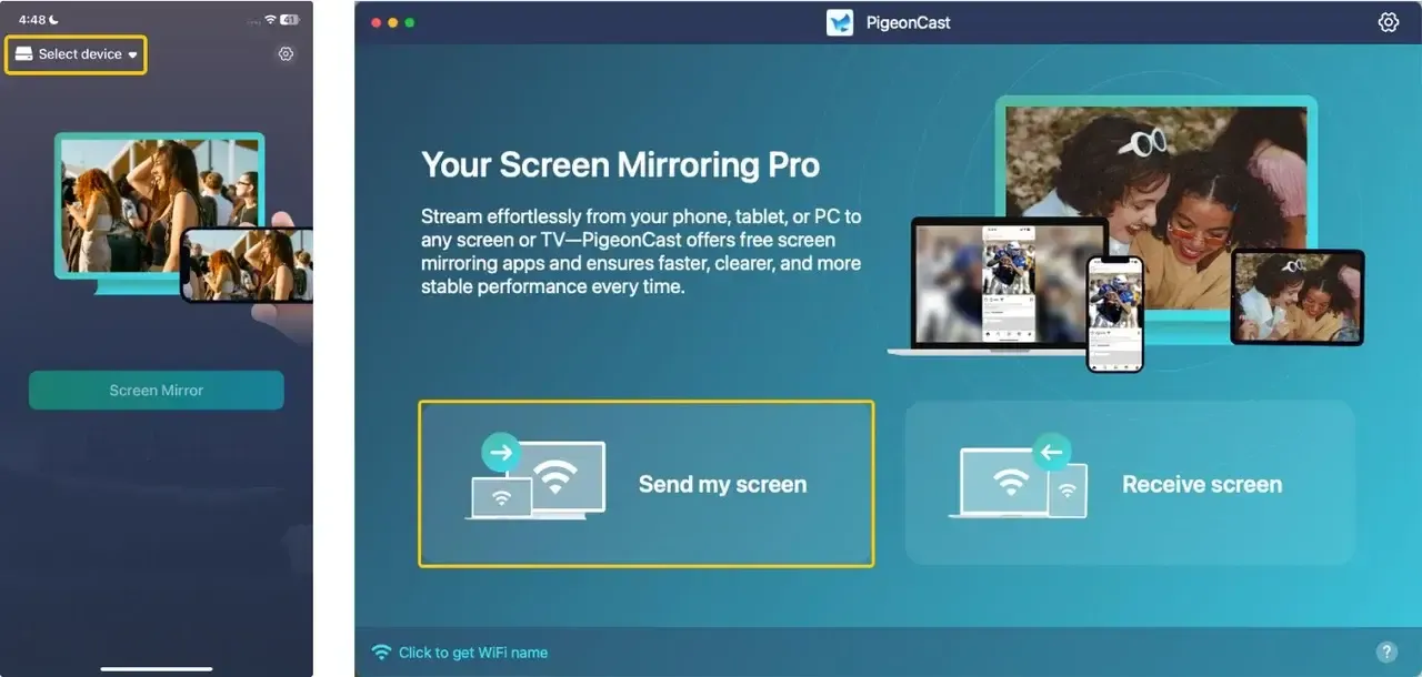 Select device and Send my screen options