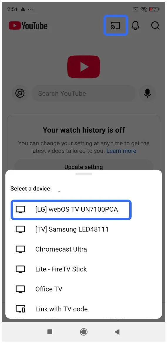 cast YouTube from Android phone