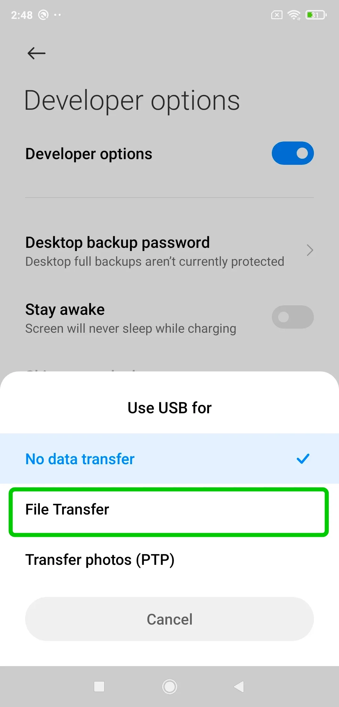 File Transfer prompt on Android