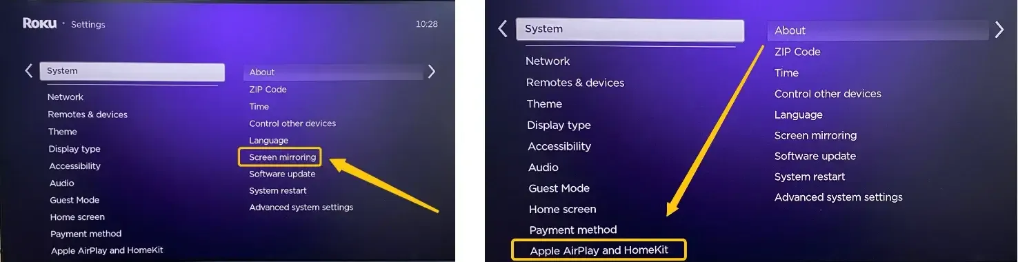 Screen Mirroring, Apple AirPlay and HomeKit menu on Roku