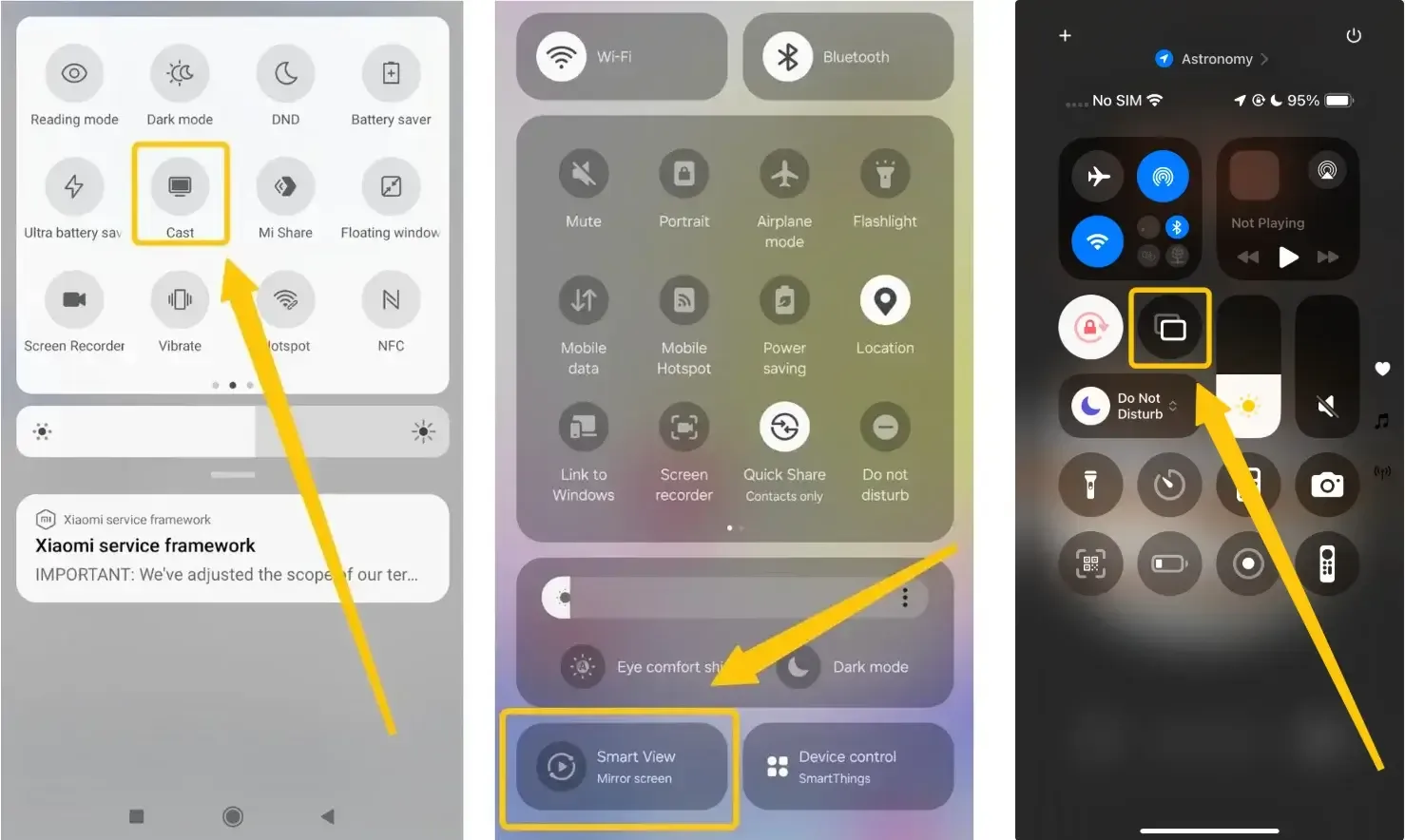 Cast, Smart View on Android, Screen Mirroring on iPhone