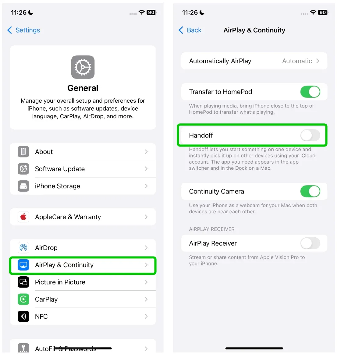 Handoff settings on iPhone