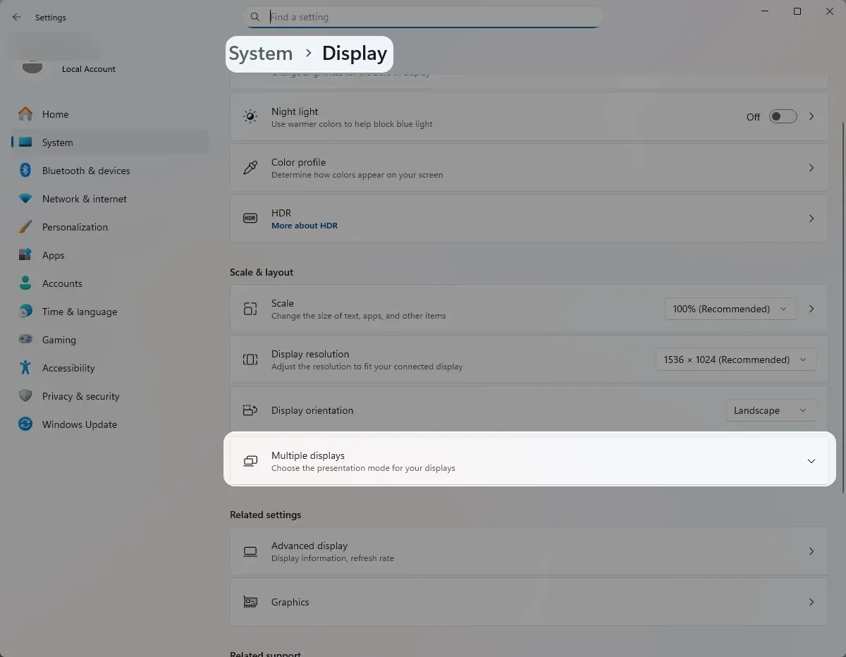Multiple displays option