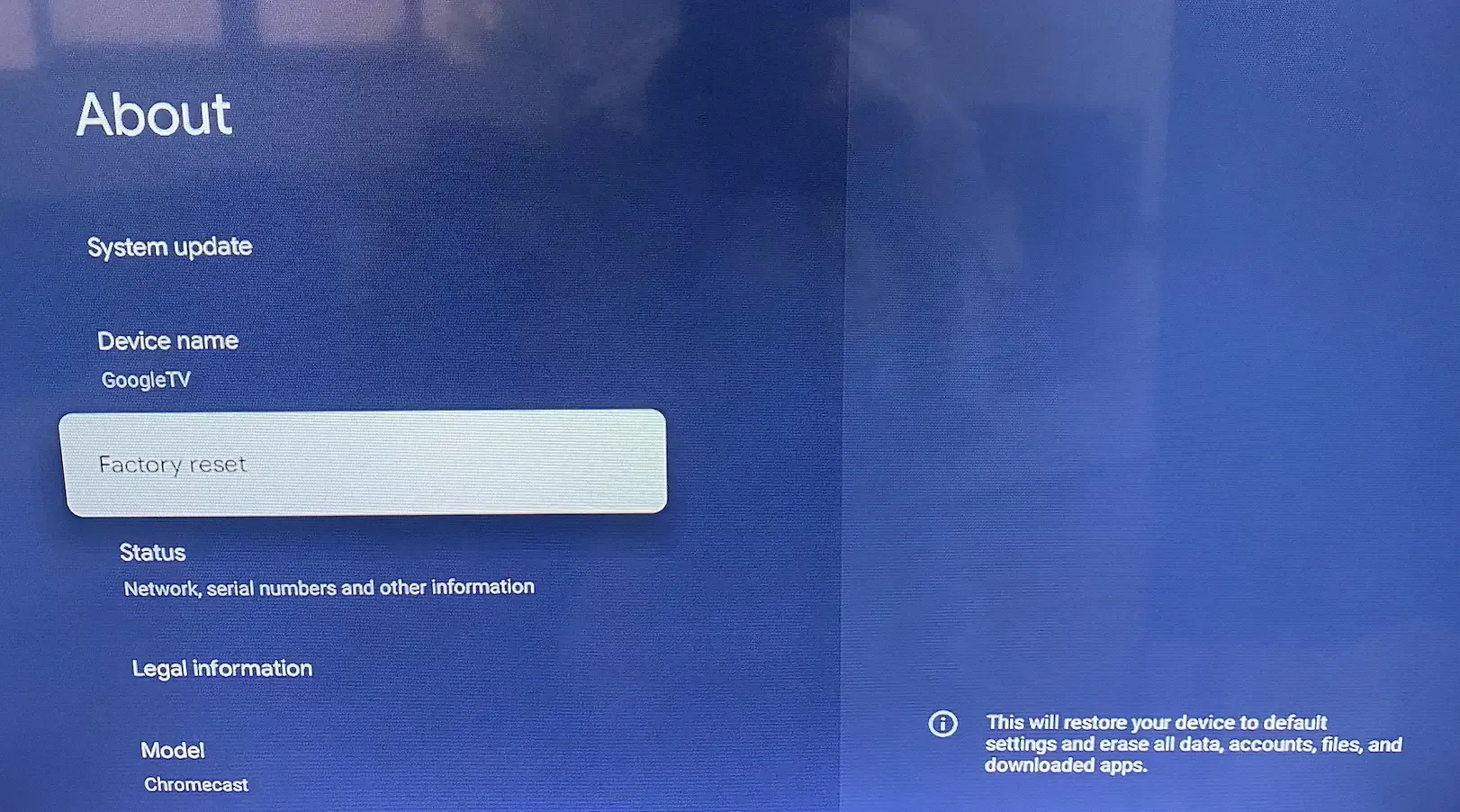 choose Factory Reset on Google TV