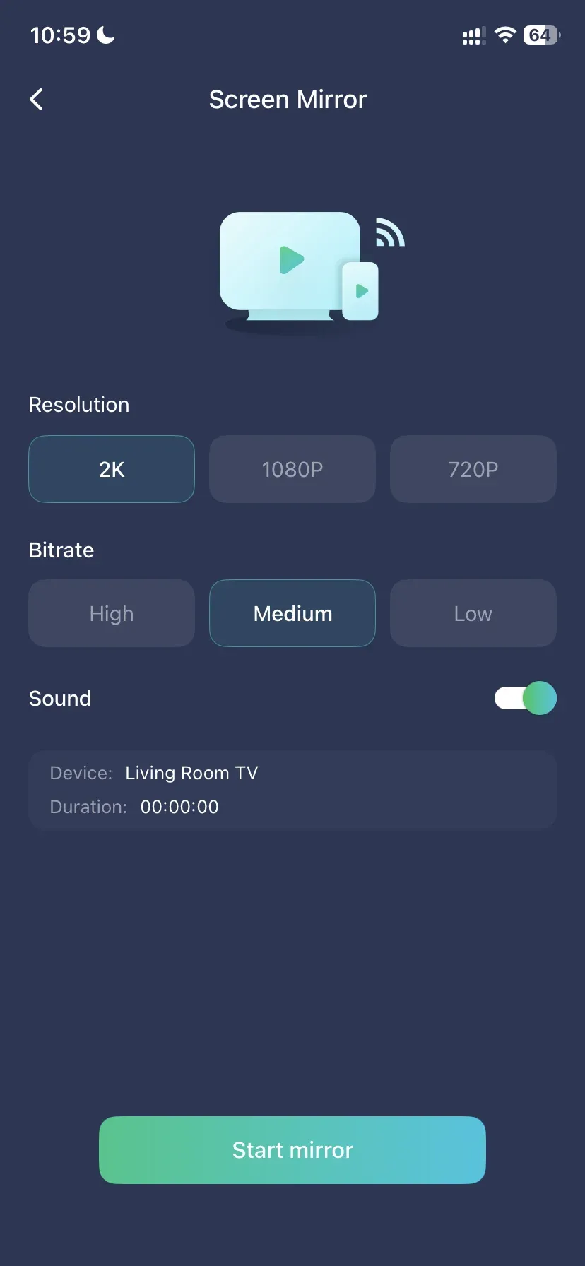 choose Screen Mirror option, mirroring quality, and sound option
