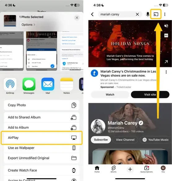 AirPlay in the Photos app and Cast in YouTube