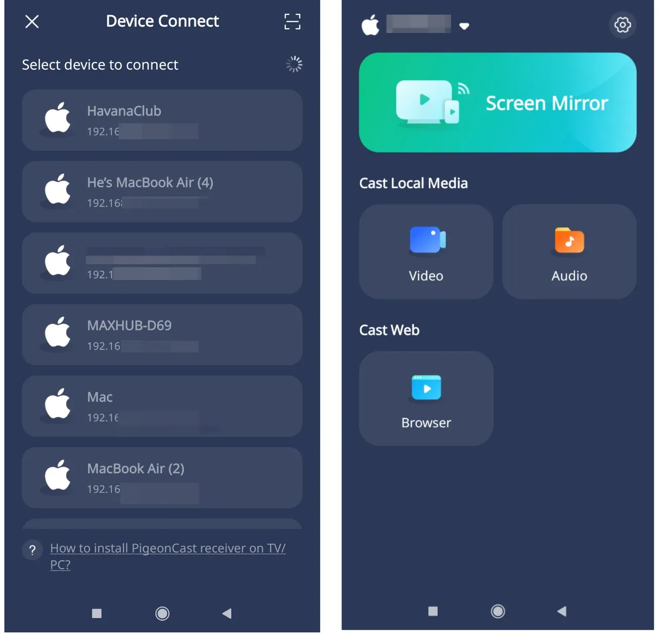 start mirroring with PigeonCast