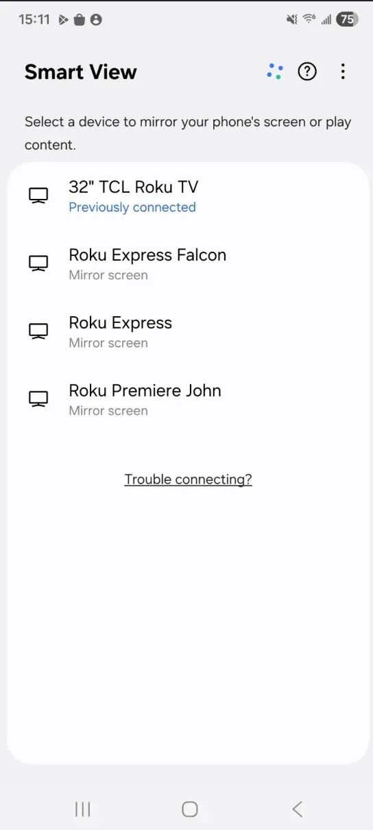 screen mirror Android to TV via Smart View