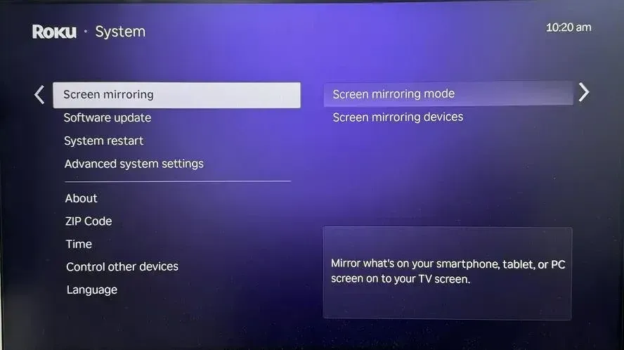 enable screen mirroring mode on Roku