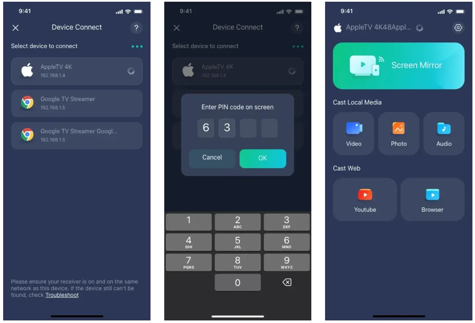 screen mirror from Android to TV via PigeonCast