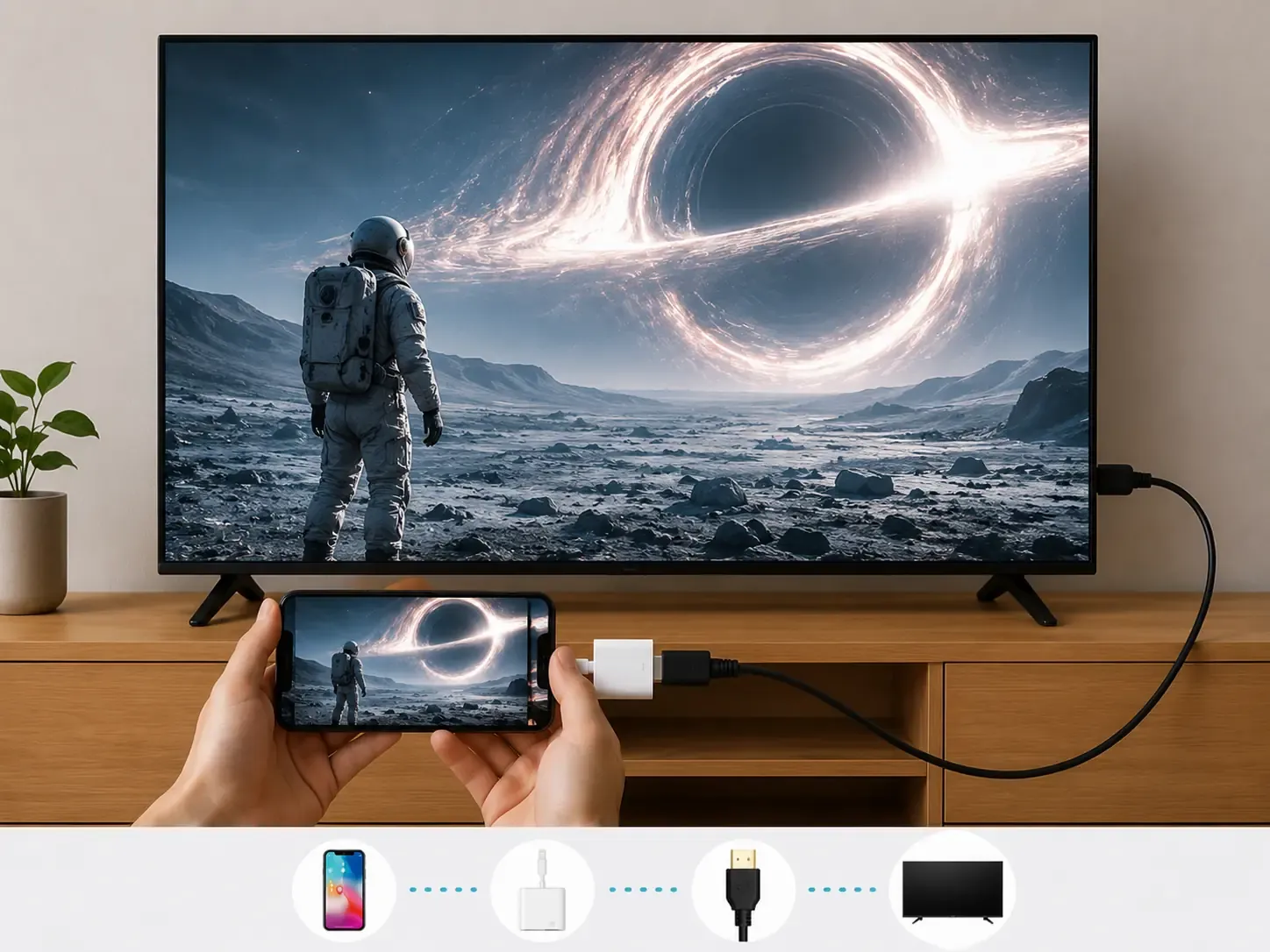 iPhone connected to TV via HDMI adapter and cable