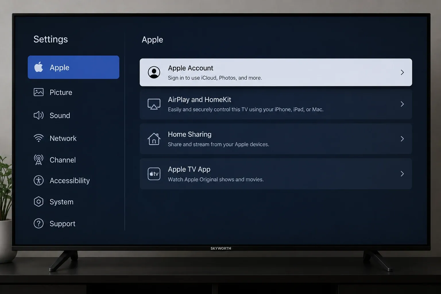 Apple settings on Skyworth TV