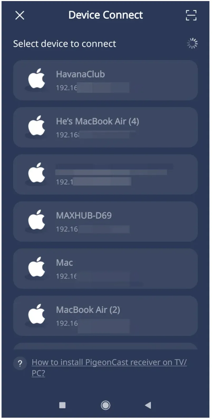 PigeonCast's device list on Android