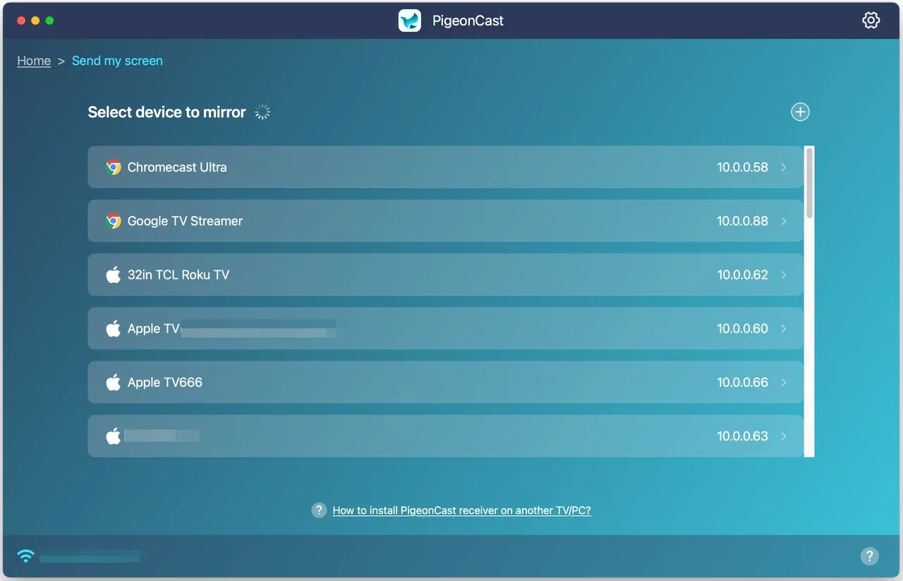 PigeonCast detects many devices to connect