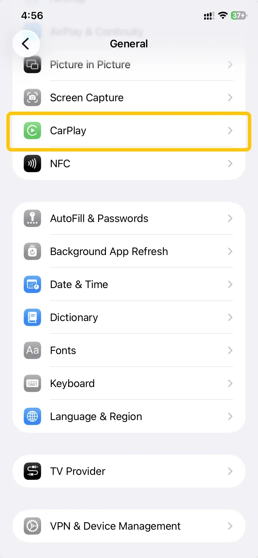 CarPlay option on iPhone