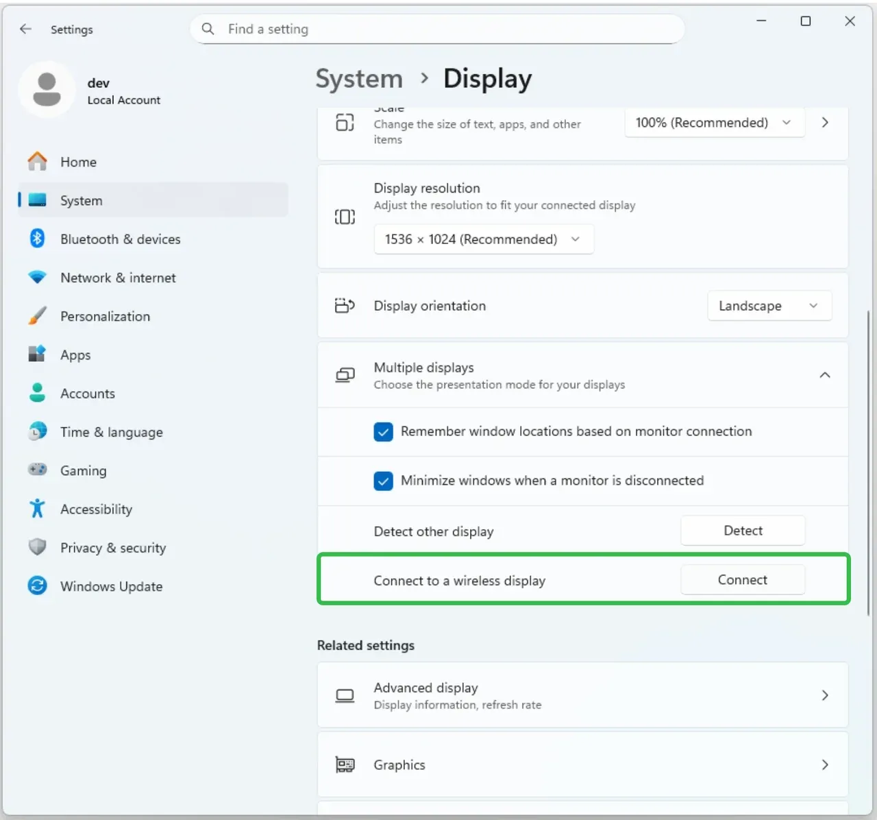 choose Connect to a wireless display