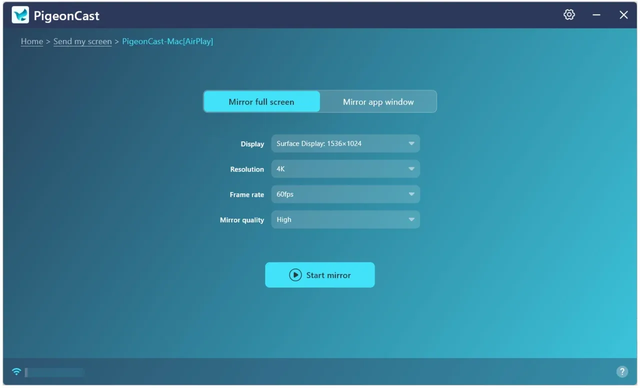 mirror screen or app from laptop via PigeonCast