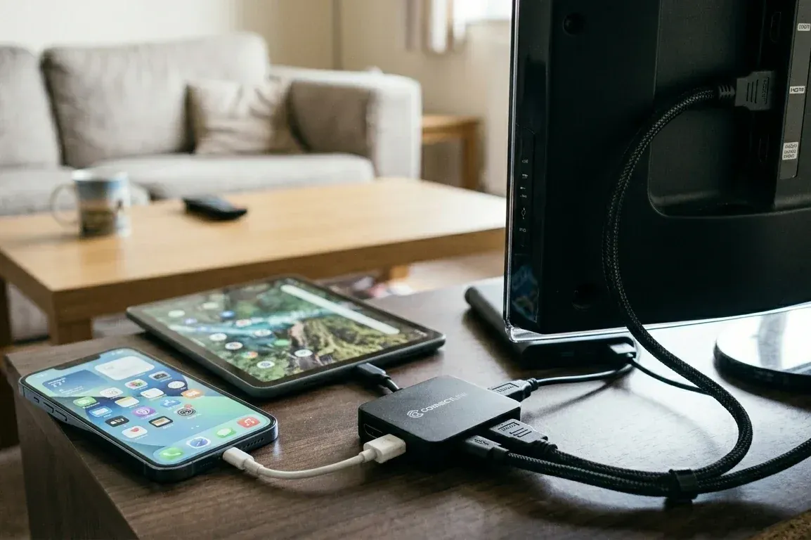 HDMI adapter for iPhone and Android connected to a Samsung TV