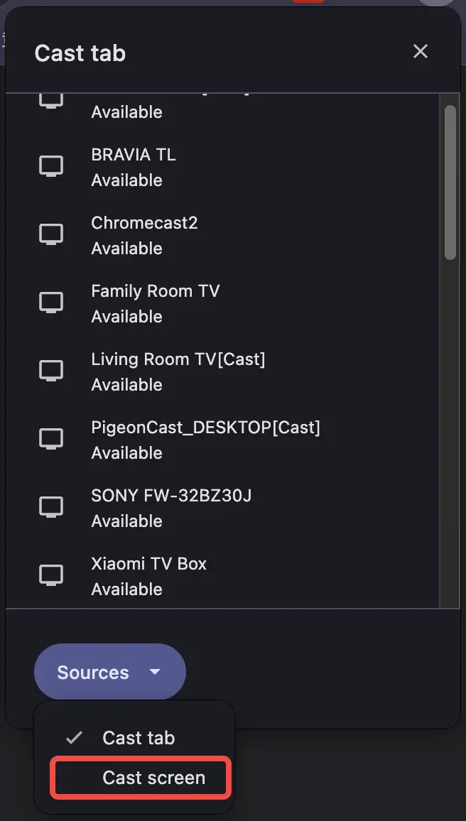 choose Cast screen from the Sources menu