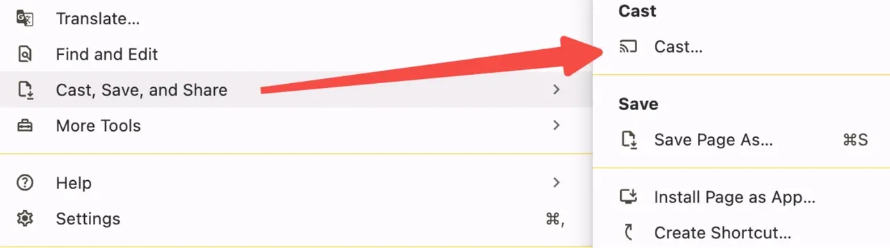 find Cast feature in the three-dot menu