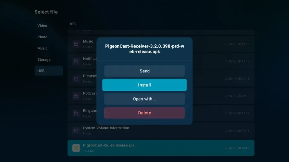 file manager showing a PigeonCast APK on USB storage