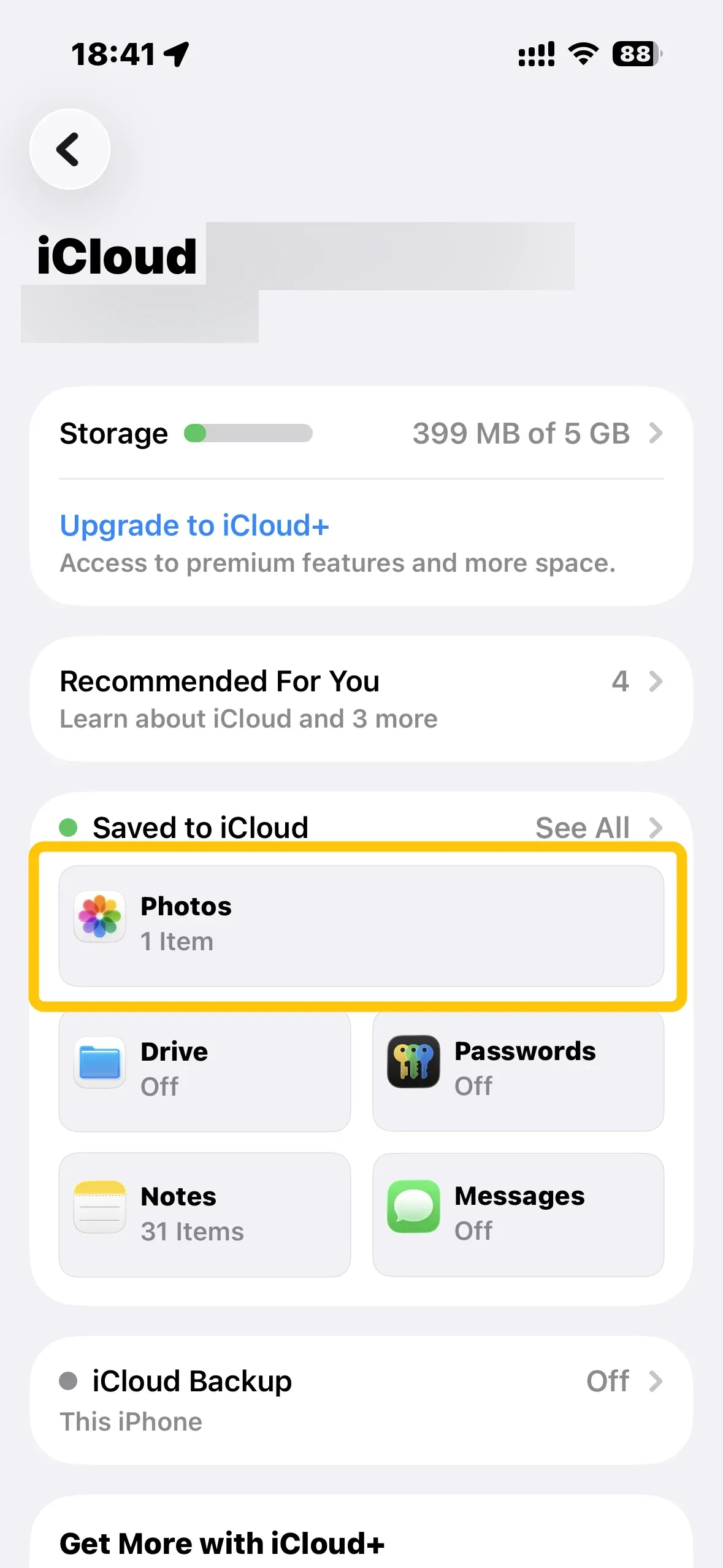 Photos in iCloud menu