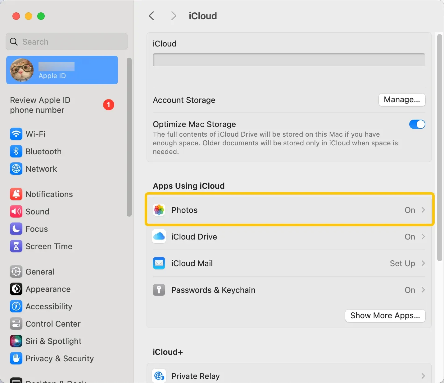 Photos on Mac's iCloud menu