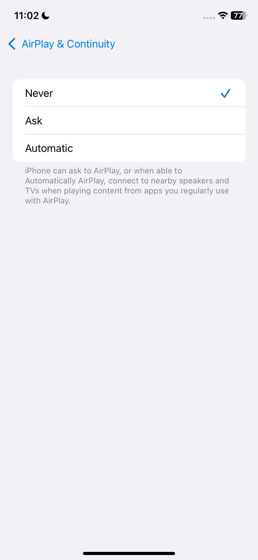 set AirPlay & Contunity to Never