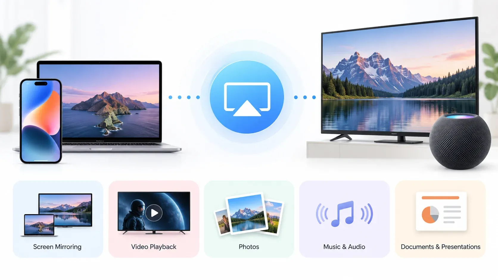 AirPlay used for streaming video/photos/music and mirroring screen