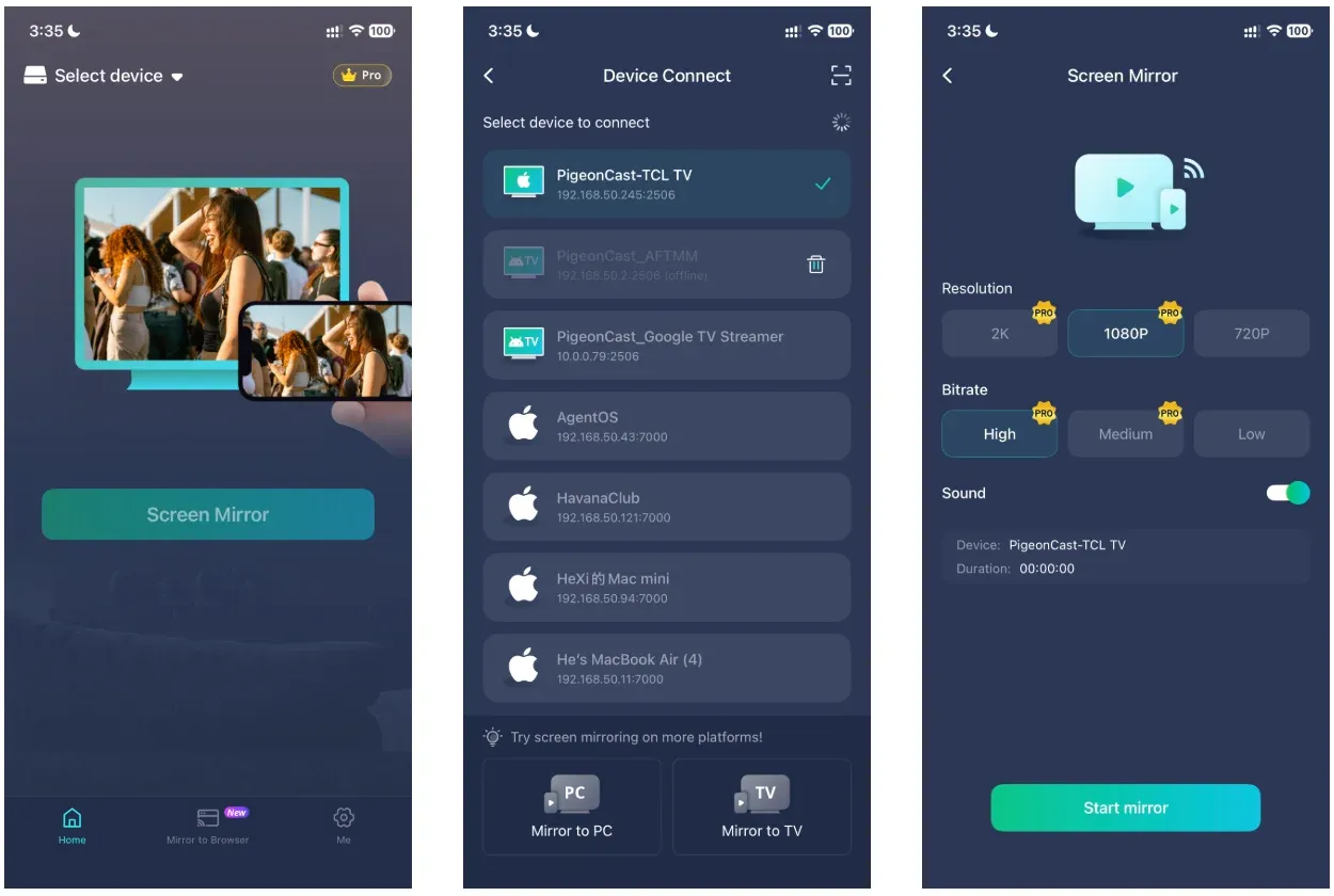 screen mirror iPhone to TV via PigeonCast