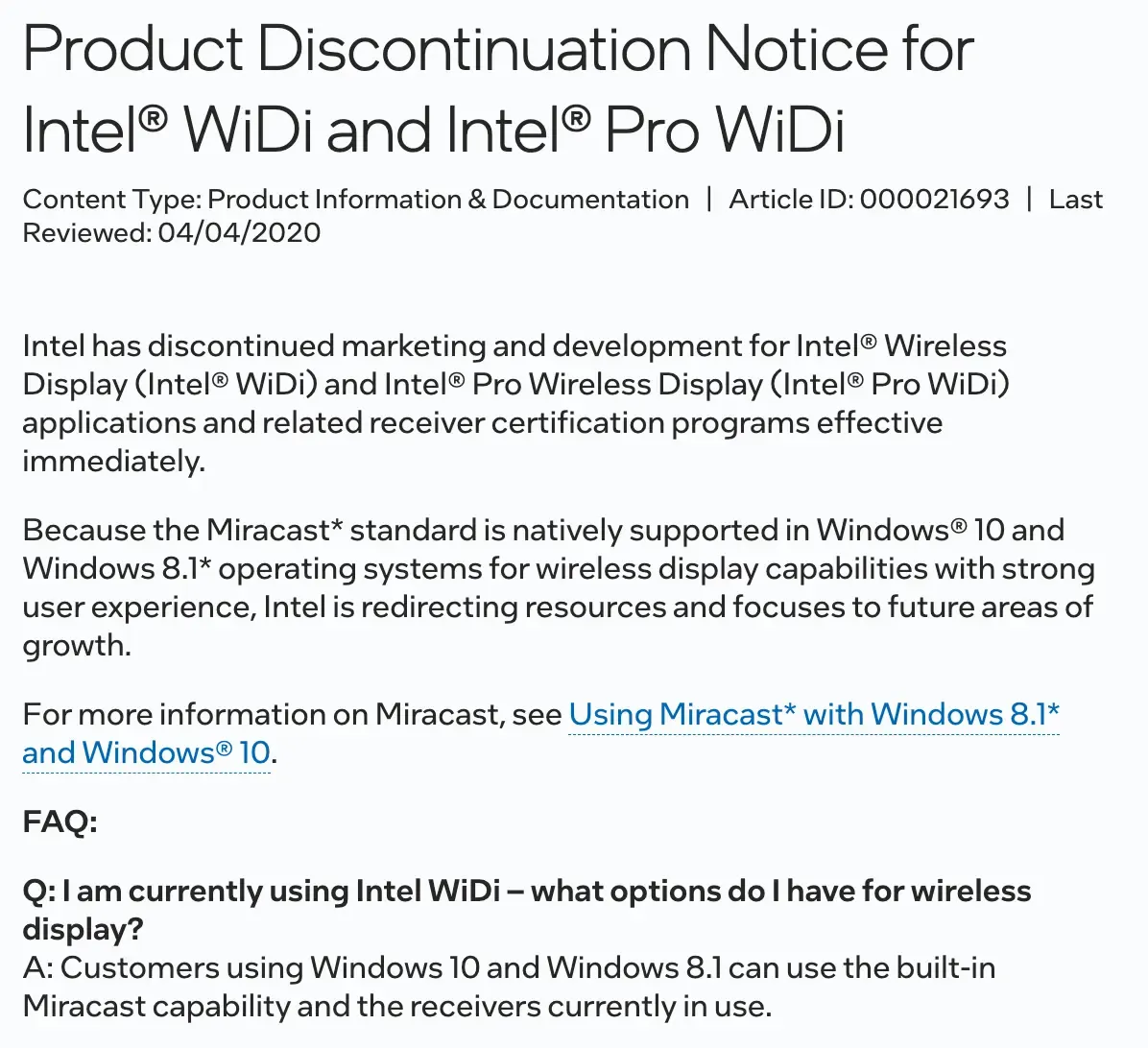 Intel WiDi discontinuation notice from Intel support