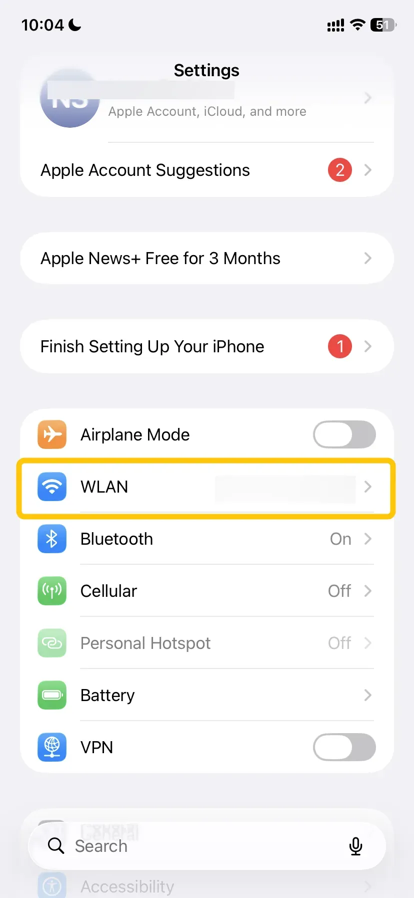 WLAN settings in iPhone settings