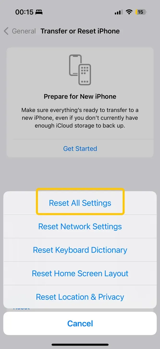 Reset All Settings option on iPhone