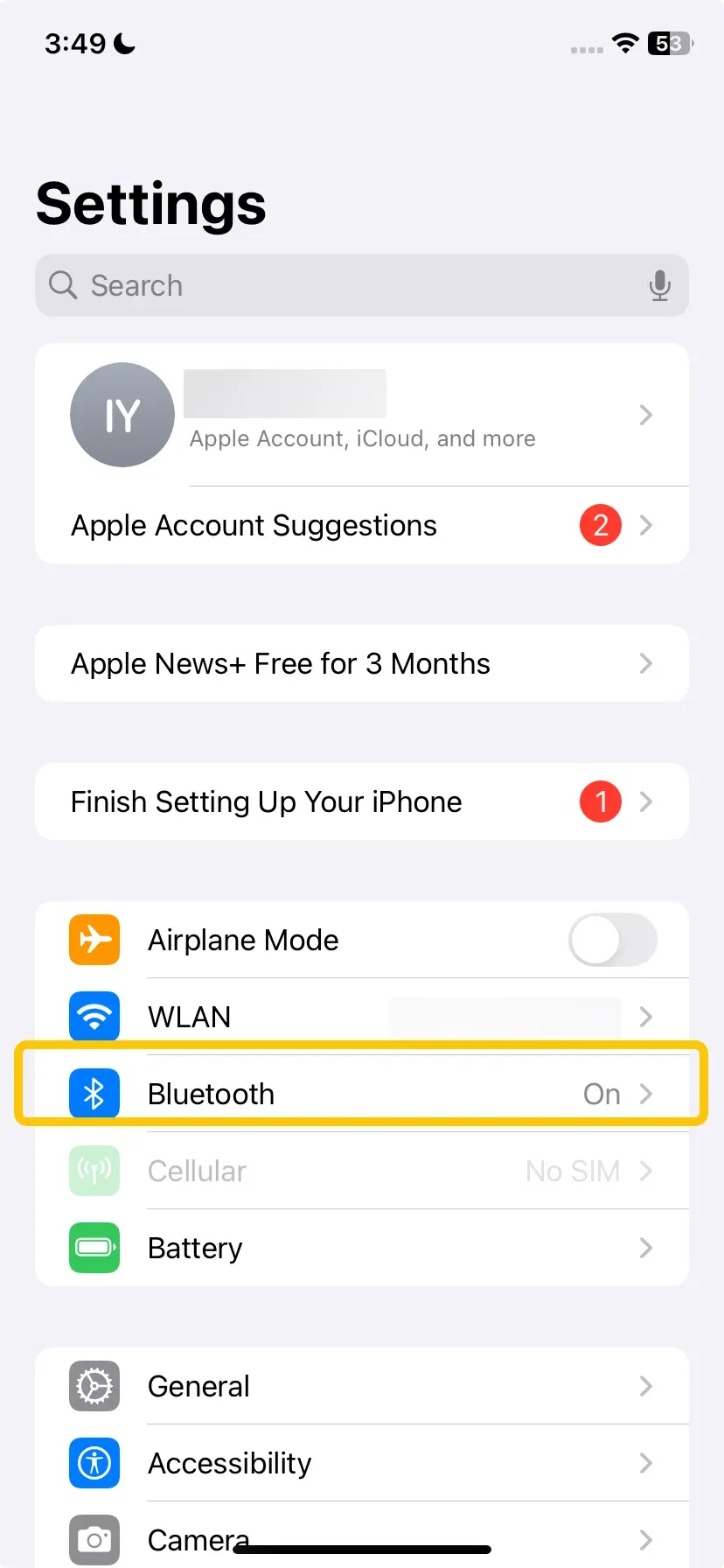 Bluetooth settings on iPhone
