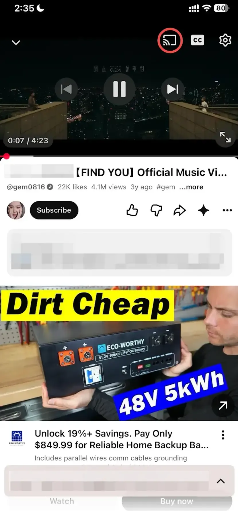 tap the Cast icon in YouTube app