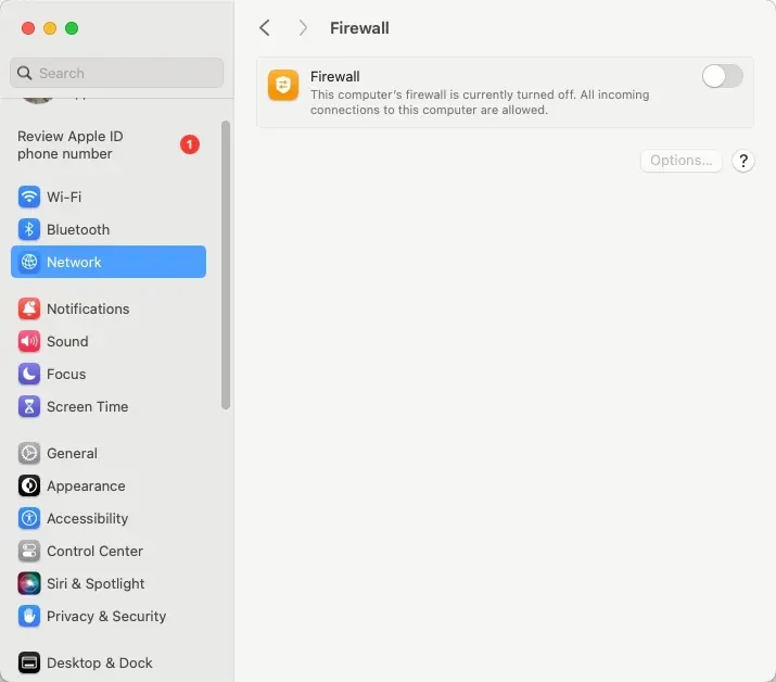 Firewall settings on MacBook