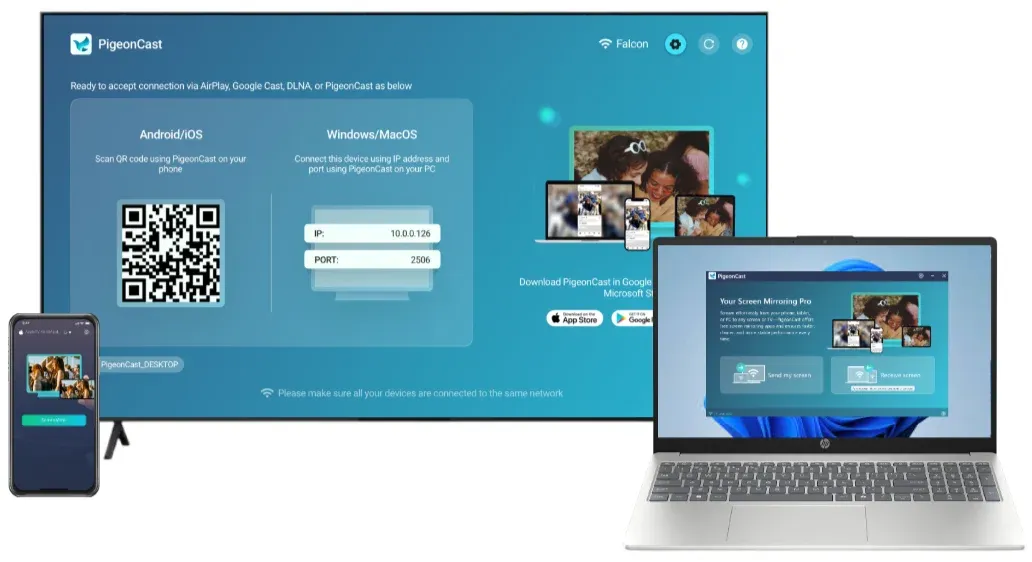 et up PigeonCast on Android, Windows, TV