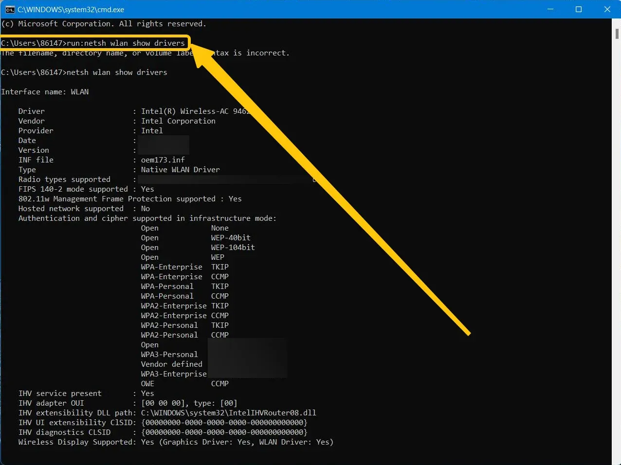 type: netsh wlan show drivers
