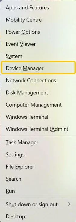 Device Manager menu