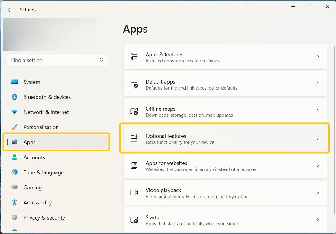 Optional Features menu